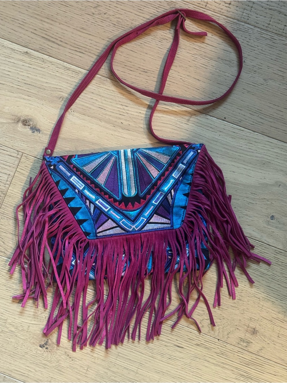 Embroidered Fringe Crossbody Bag Boho Southwestern Pink Blue